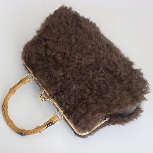 Neiman Marcus Brown Curly Rabbit Fur Bamboo-Style Handle and Gold Kisslock Bag